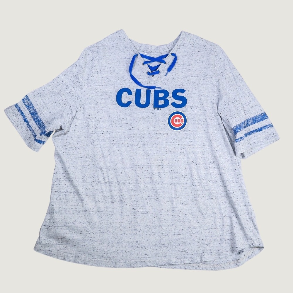 Fanatics Chicago Cubs T-Shirt Women 4X Grey Lace Up Neck Short Sleeve MLB Jersey